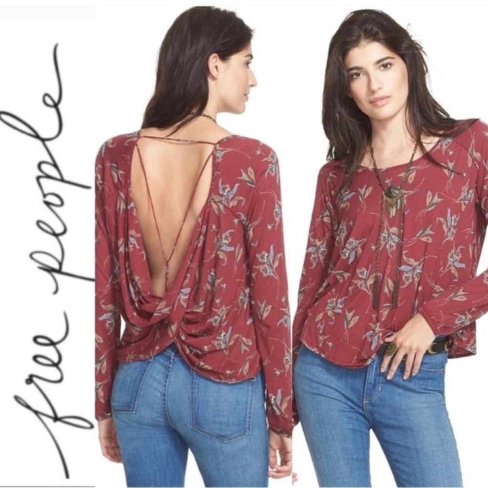 Free People Red Ruched Backless Elsa boho Open back top NWOT